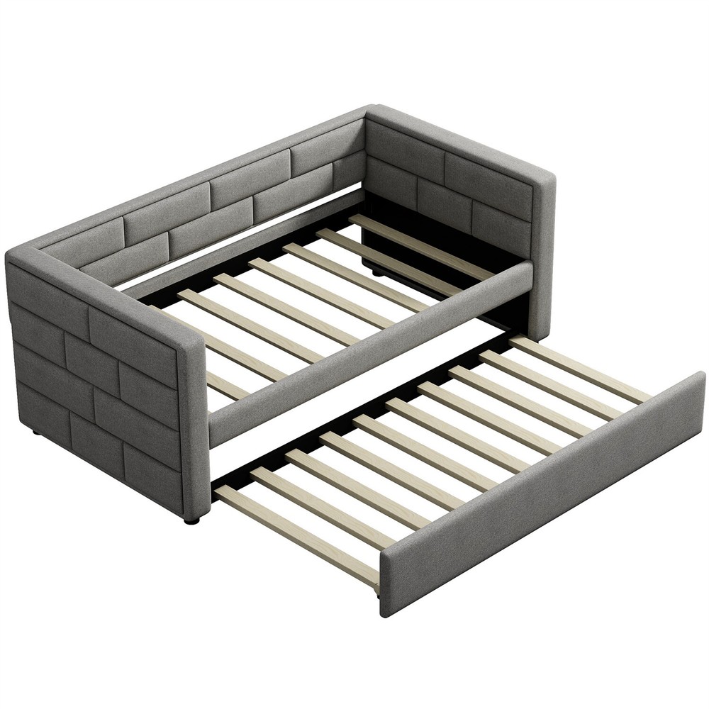 Twin Size Daybed w/ Pull Out Trundle Bed Upholstered Bed Frame Sofa Bed Gray US