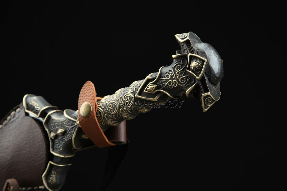 Handmade Brass Handle Short Divine Sword Damascus Steel Blade Leather Sheath
