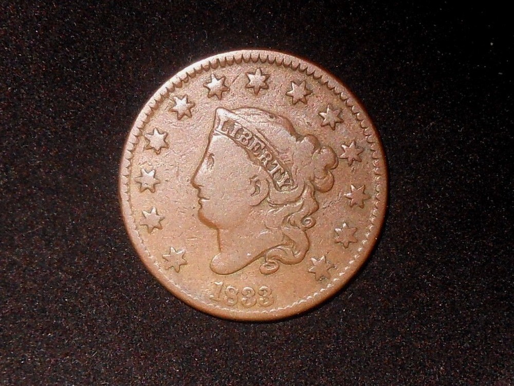 1833 1C BN Coronet Head Cent (F?)