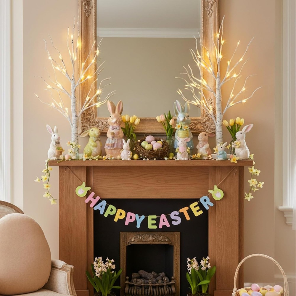 Lighted Birch Tree Easter Decorations 2FT White Mini Trees with 24 LED Lights