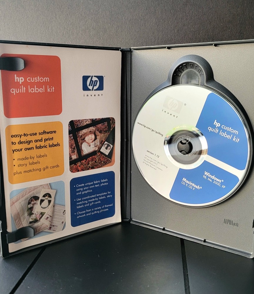 HP Custom Quilt Label Kit 2002 Invent Software Fabric Label Design Print CD
