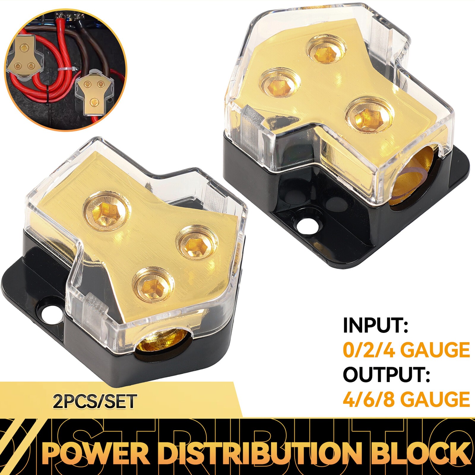 2Pcs Car Audio Splitter Amp Distribution Power 0/2/4 Gauge In 4/ 6/ 8 Gauge Out