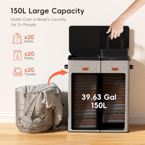 150L Double Laundry Hamper With Lid, Large Clothes 150L - 2 Section Grey