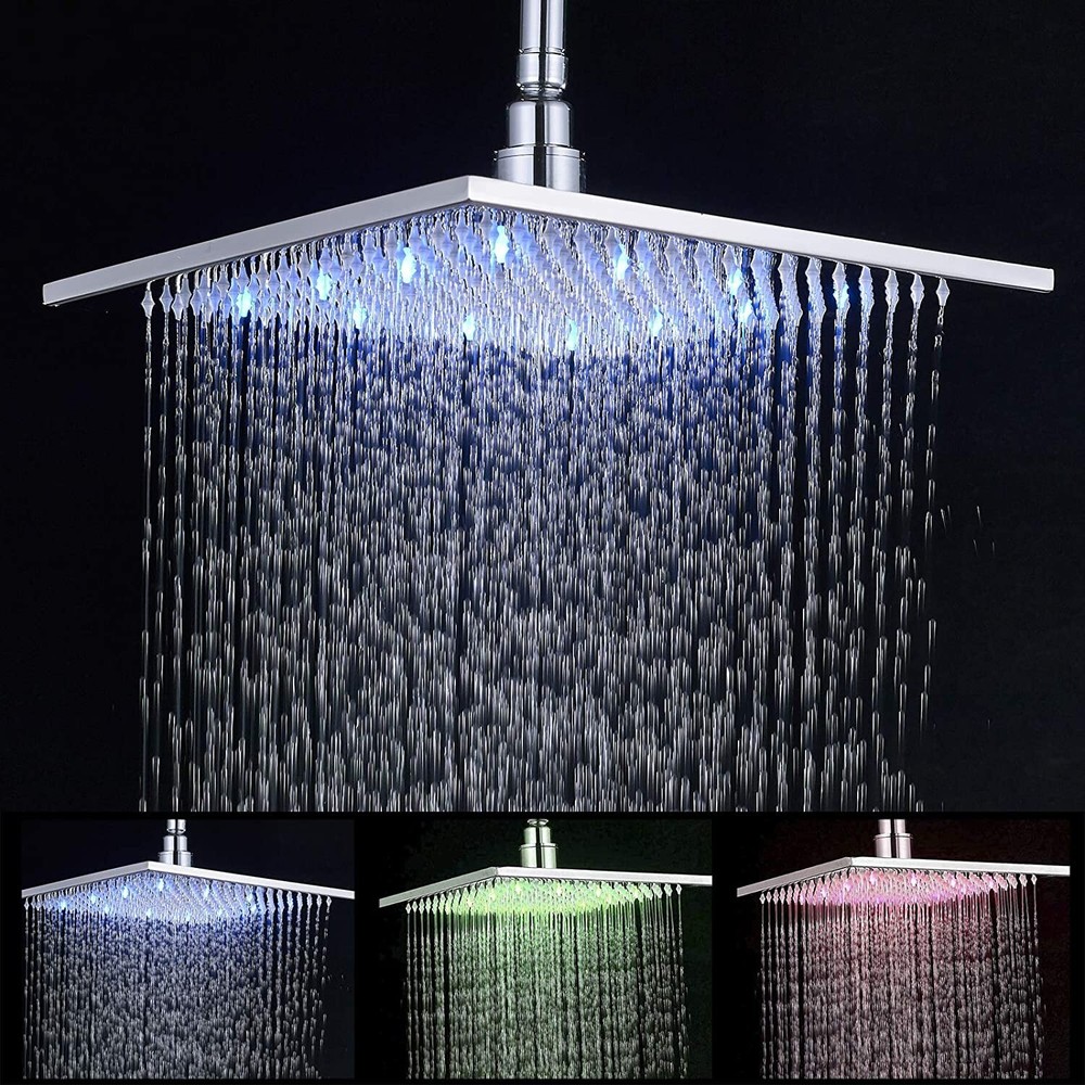 Chrome 16" LED Square Rainfall Adjustable Shower Head Overhead Top Sprayer