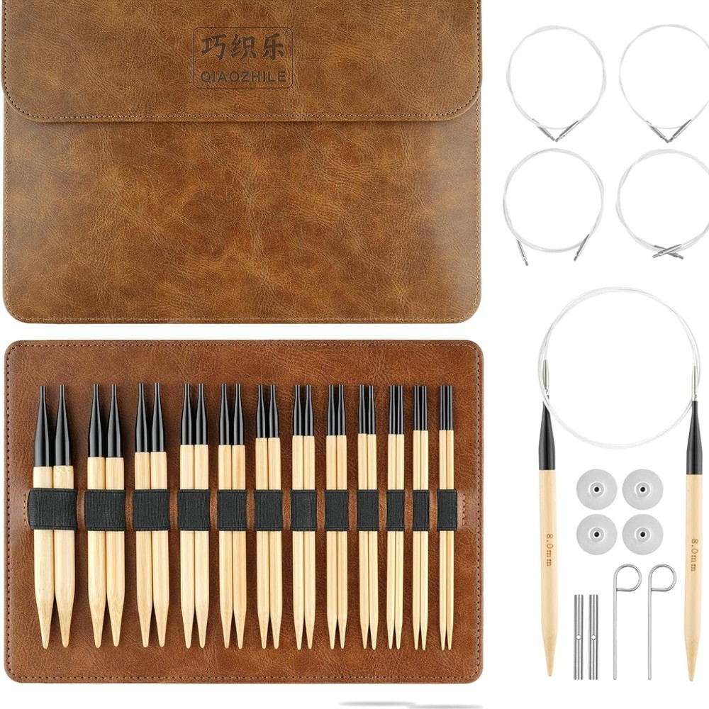 Bamboo Knitting Needles Set, 5-Inch Interchangeable Circular Knitting Needles...