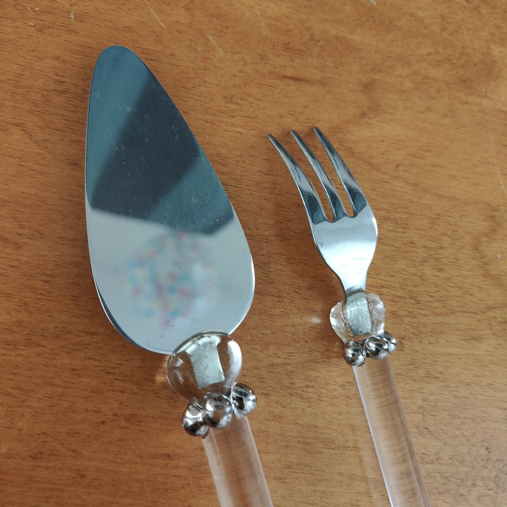 2 SHEFFIELD ENGLAND CLEAR GLASS & SILVER COLOR HANDLE CHEESE SERVER & FORK