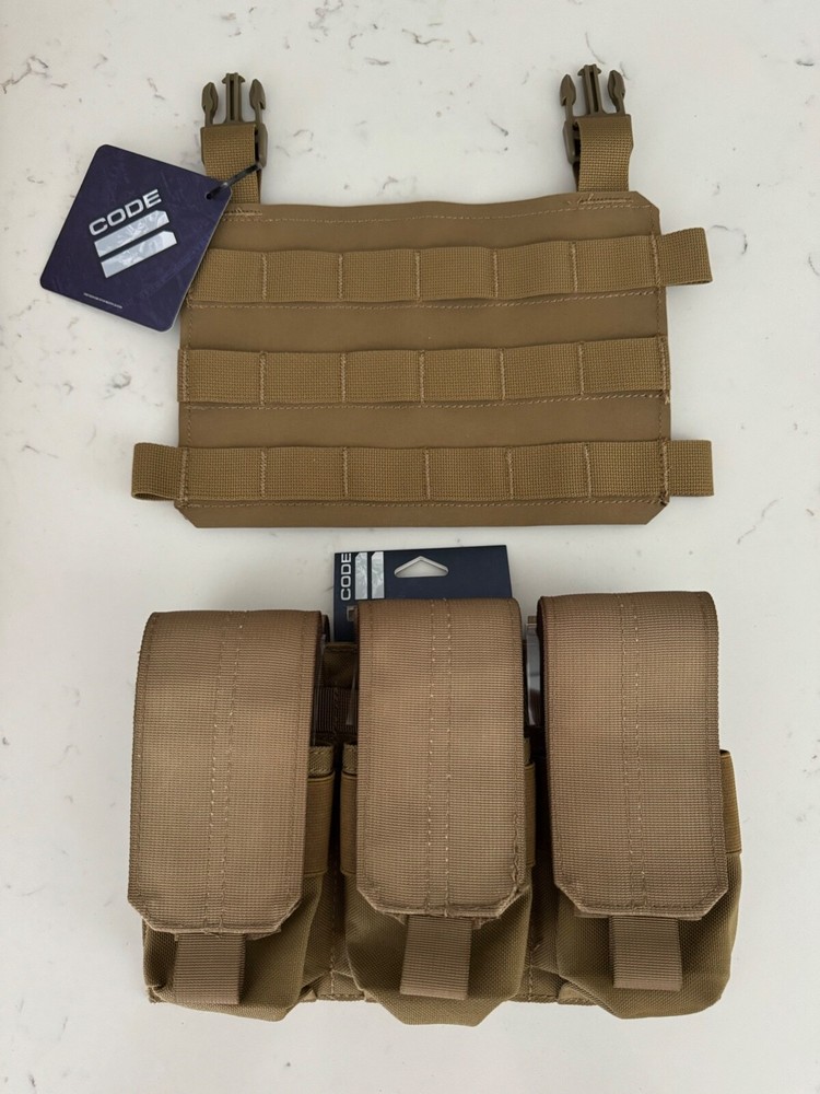 Code 11 Molle Triple Magazine Pouch & Placard Panel Set  Coyote Brown/Tan (NWT)