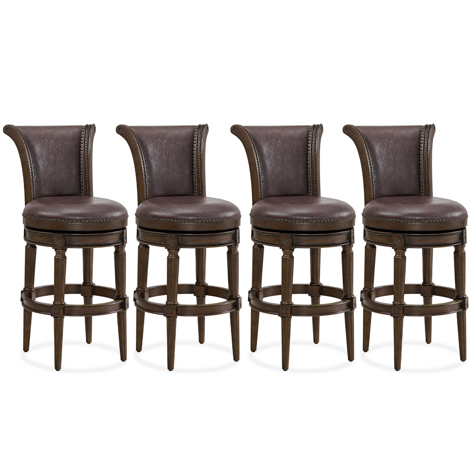 ROME + OAK Runyan Bar Stool, Dark Walnut & Vintage Brown Vegan Leather, Set of 4