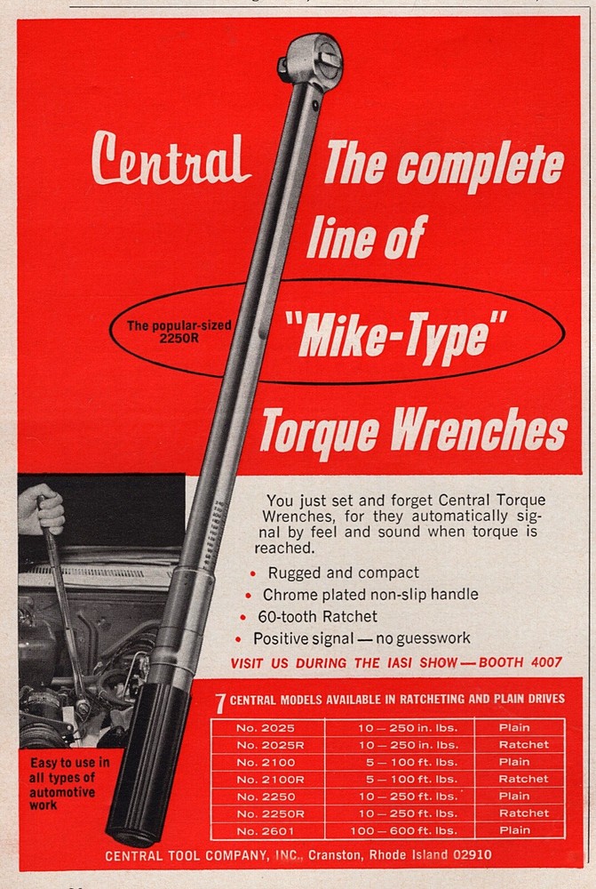 1966 Central Tools Mike Type Torque Wrench Original Print Ad
