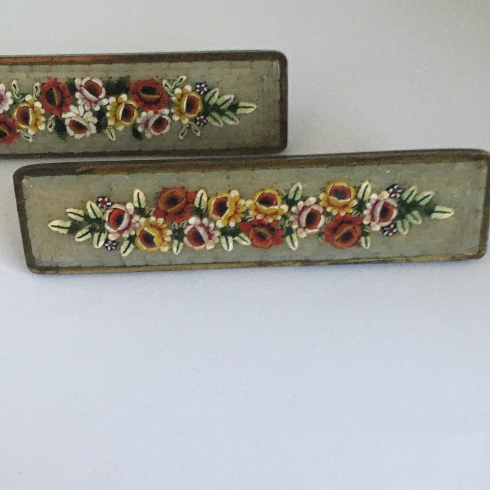RARE ANTIQUE MICRO MOSAIC PAIR SOLID BRASS DRAWER CABINET PULLS HANDLES 1"X4"