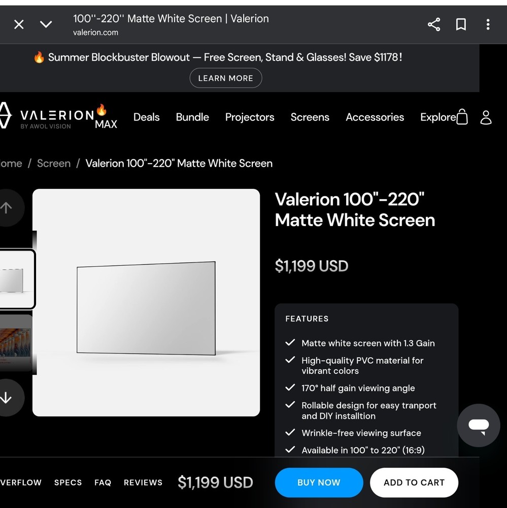 Valerion 220" 16:9 Matte White Fixed Projector Screen
