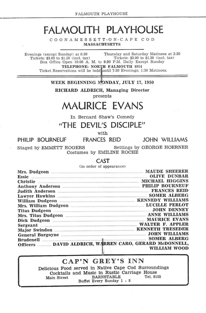 Maurice Evans "DEVIL'S DISCIPLE" Bernard Shaw 1950 Falmouth Playhouse Program