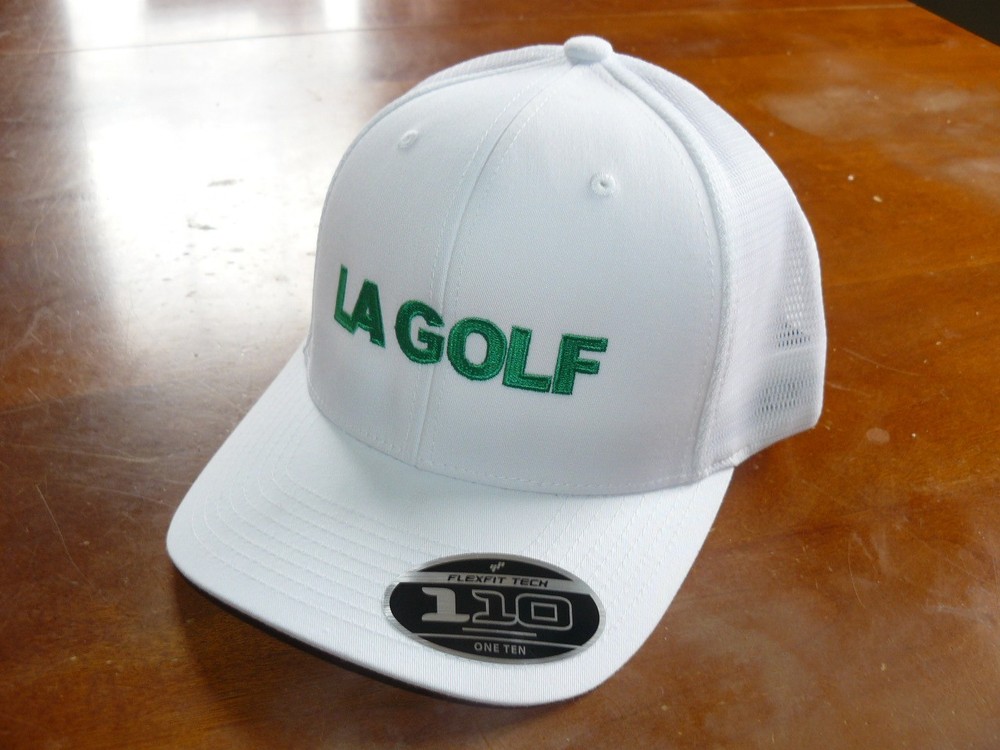 LA GOLF logo Hat, Structured, White/Green, Adjustable, Flexfit Tech 110,  NWT