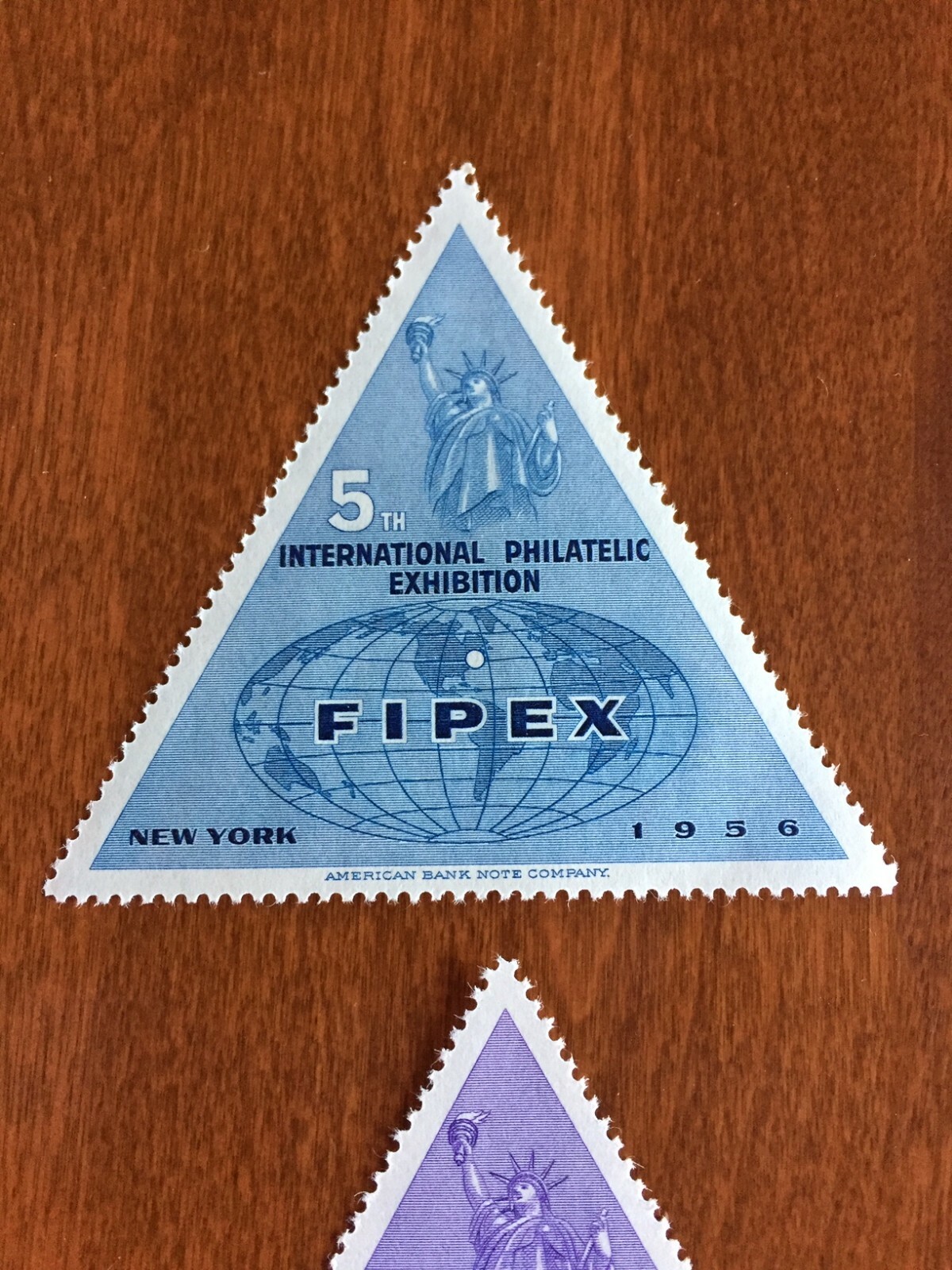 1956 FIPEX TRIANGULAR STAMP LOT 5TH INTERNATIONAL PHILATELIC EXHIBITION NEW YORK