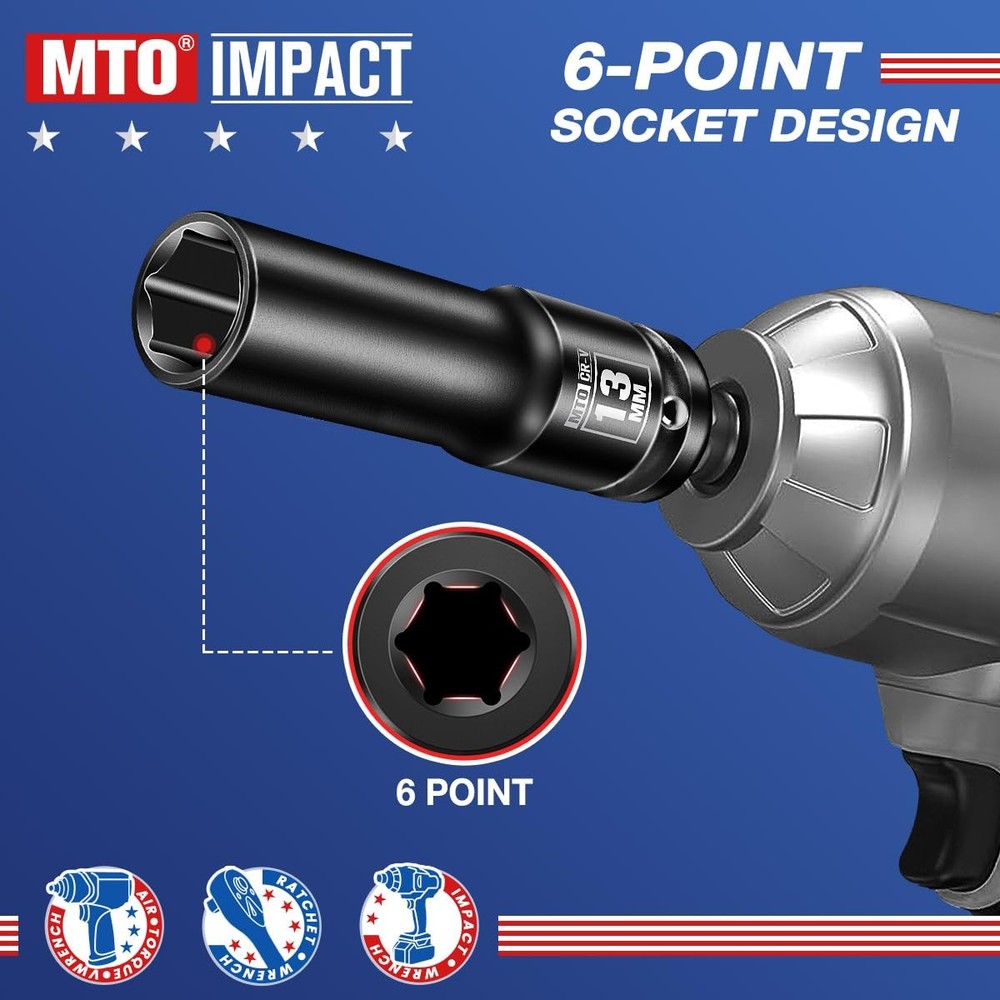 MTO 1/2" Drive 13mm Deep Impact Socket, 6-Point Metric Socket for