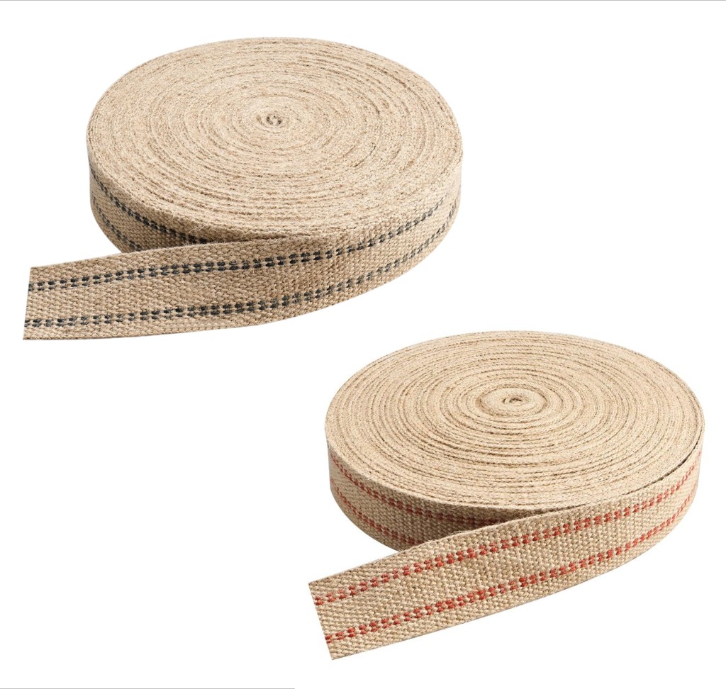 Upholstery Webbing Jute Black/Red Stripe 2" Width 33 Yards 11 lbs Heavy Duty