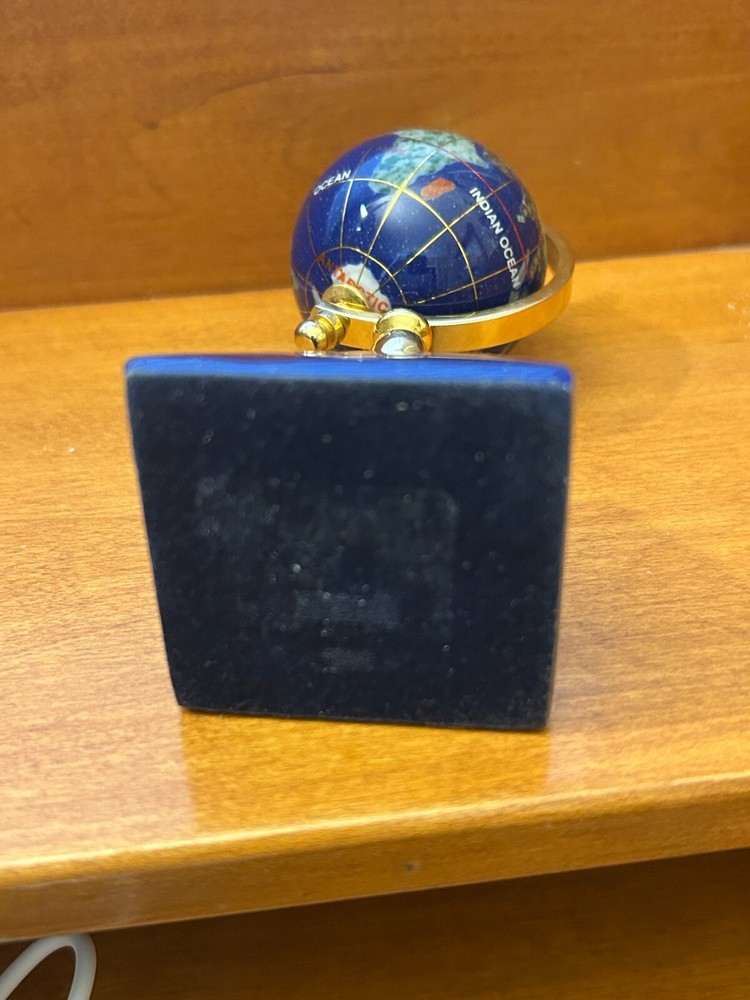 World Globe with Clock Blue Lapis Stone Gemstone 5" Desktop