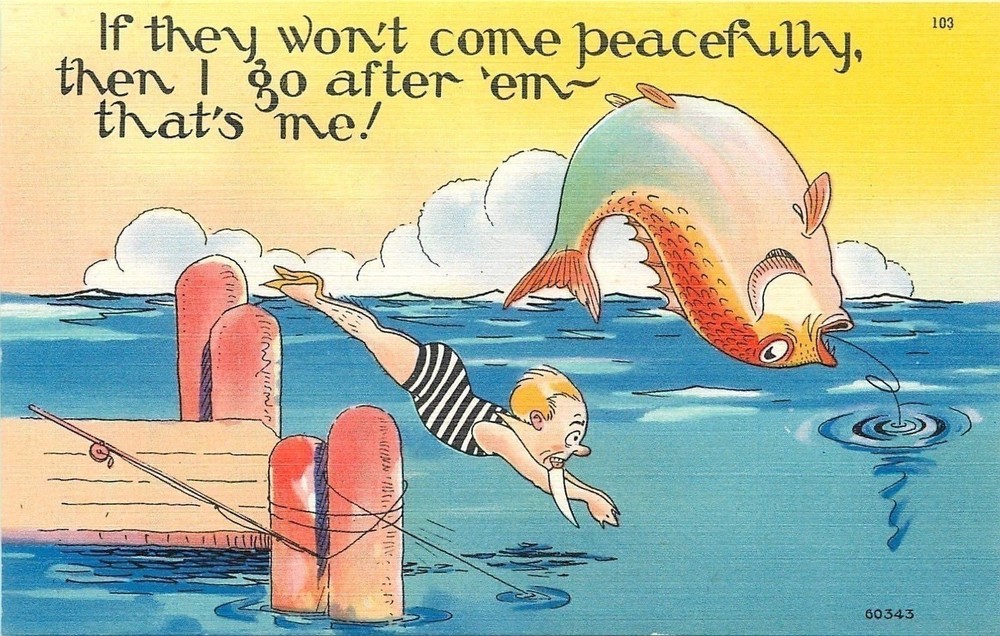 Comic~Man Dives in After Exaggerated Fish~1940s Linen Postcard