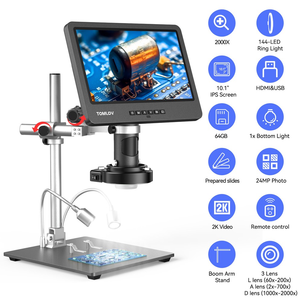 TOMLOV 10" Digital Soldering Microscope 2000x Coin Microscope Flexibility Stand