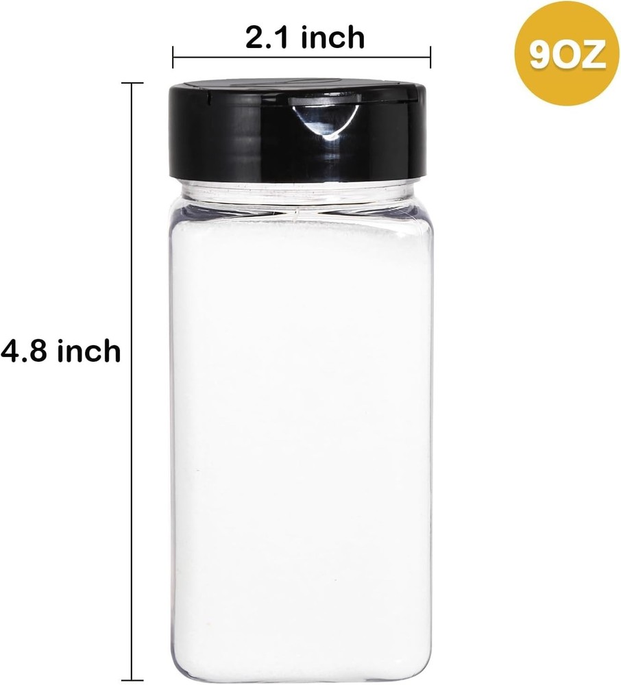 16 Pack 9 oz Plastic Spice Jars with Black Cap, Plastic Spice Bottles Empty S...