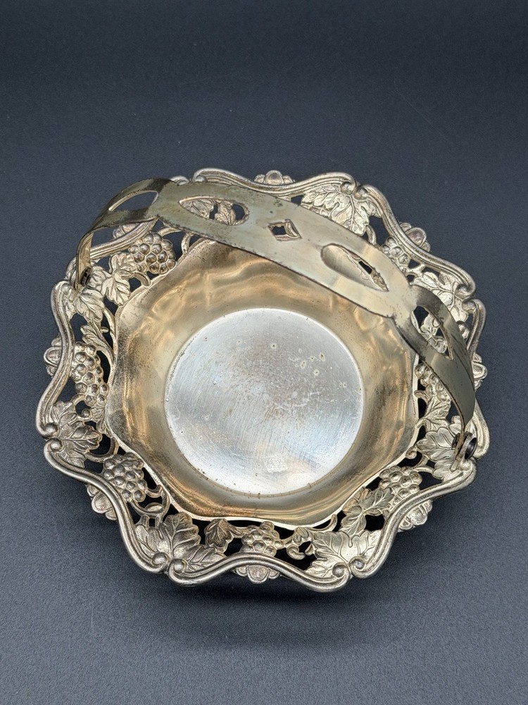 Vintage Occupied Japan Silver Plated Grape & Vine Basket Candy Dish w Handle