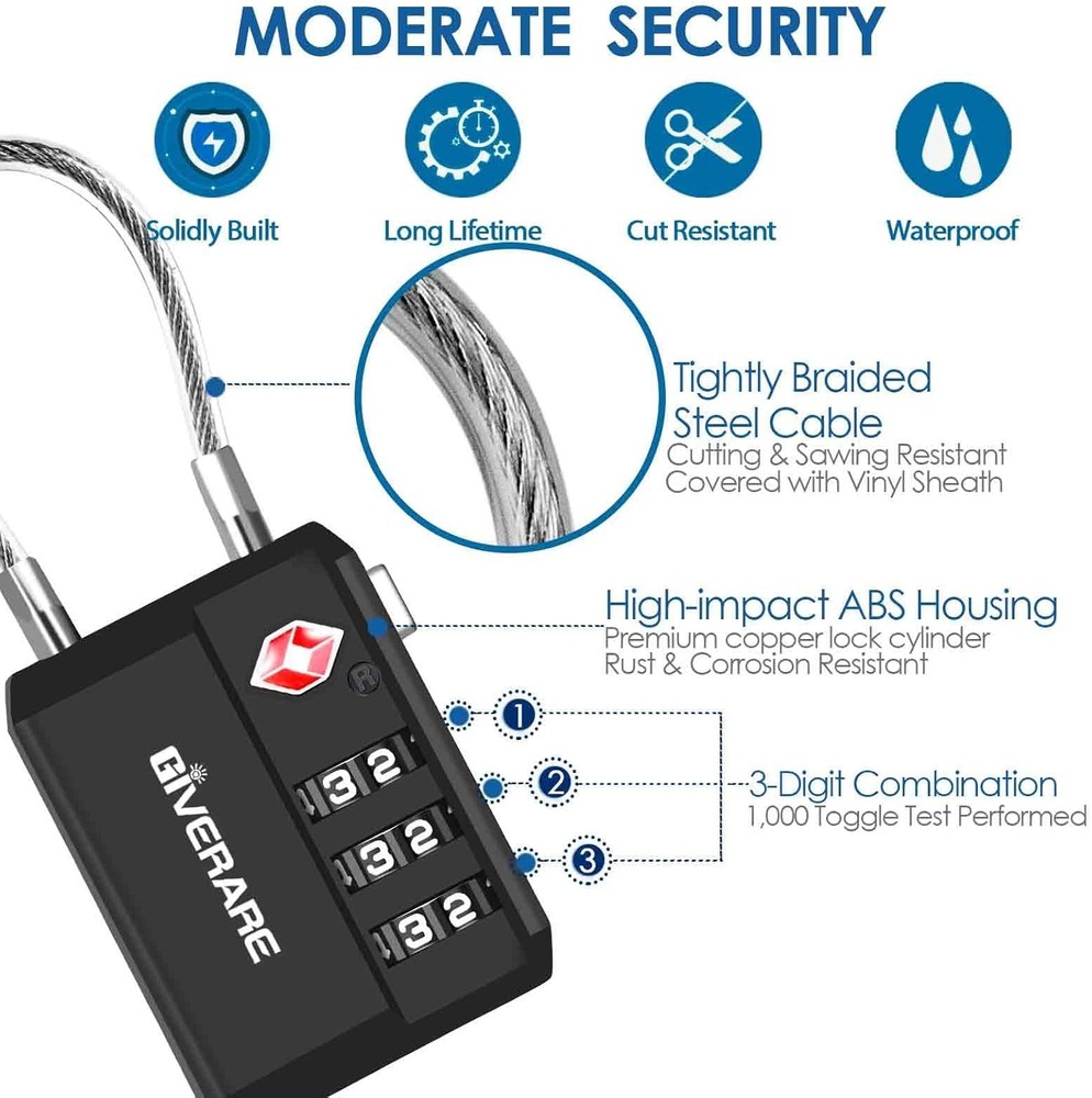 2 Pack TSA Approved Travel Luggage Locks, Cable Combination Lock Black