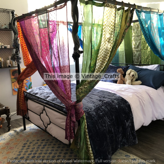 Indian Vintage Sari Patchwork Curtain Drape Window Boho Decor Silk Pink Curtain