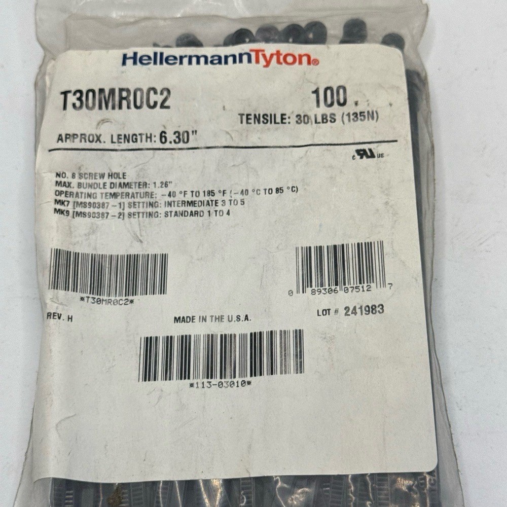 HellermannTyton Cable Zip Tie 6.3" T30MR0C2 30lb Tensile Self-Locking (100 Pack)
