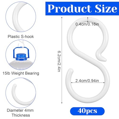 40-Pack Secure & Quiet Plastic S Hooks, Flexible Neck for Easy Twist & Lock