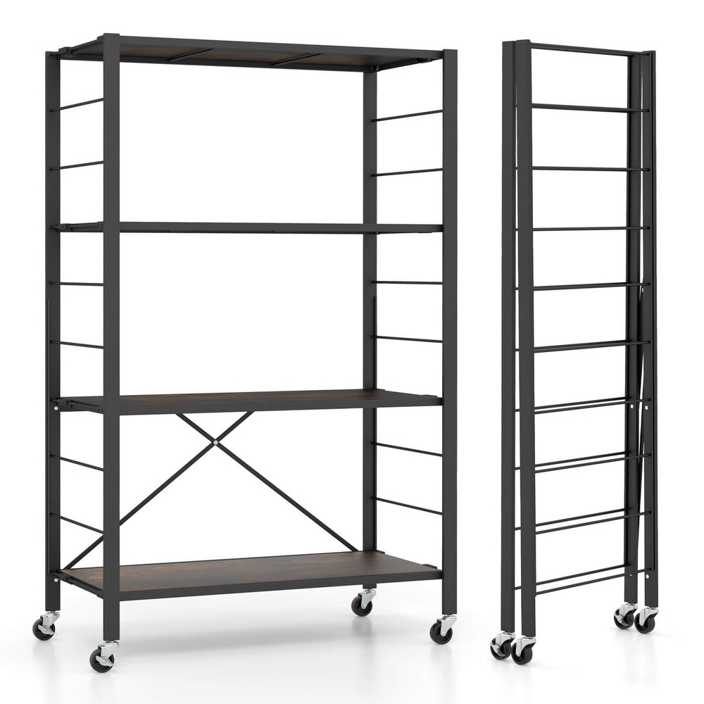 4-tier Foldable Storage Shelf Home Shelving Unit w/Lockable Wheels for Tool Room