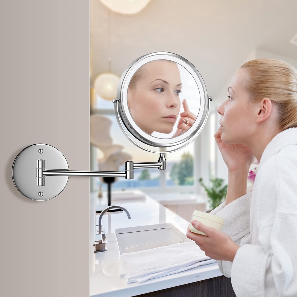 Rechargeable Wall Mounted Lighted Makeup Mirror Chrome, 8 Inch Double-Sided L...