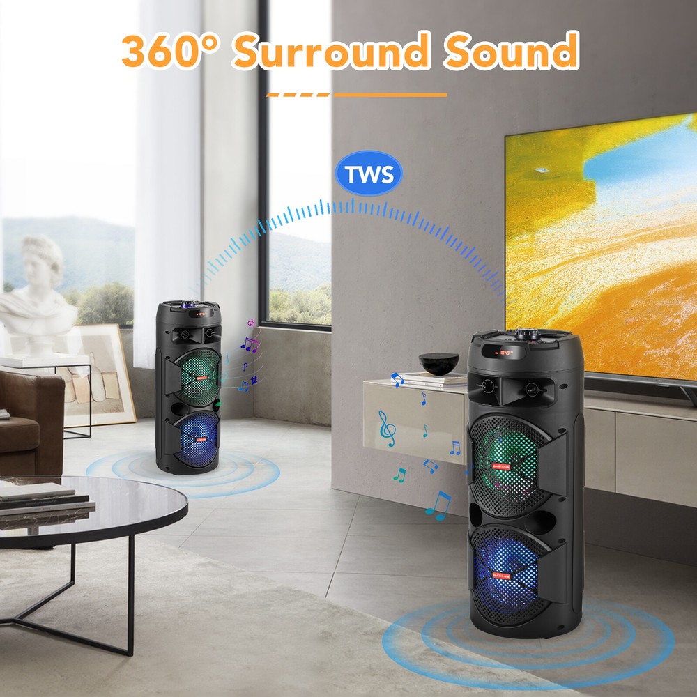 Dual 6.5" Portable Bluetooth Speaker System Stereo Tailgate Loud LED With Mic