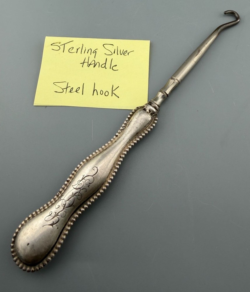 Antique Button Hook Sterling Silver Handle Steel Hook 6" Beaded Edge Monogram Te