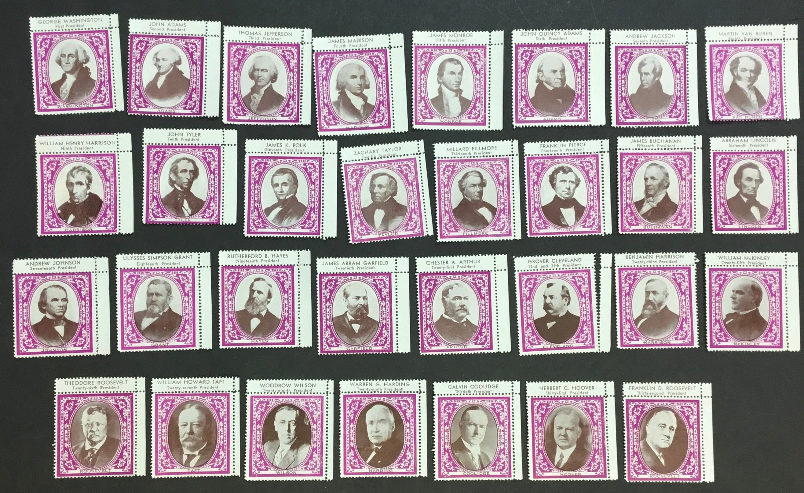 1930s PRESIDENTS OF THE UNITED STATES COMPLETE SET WITH PURPLE BORDERS