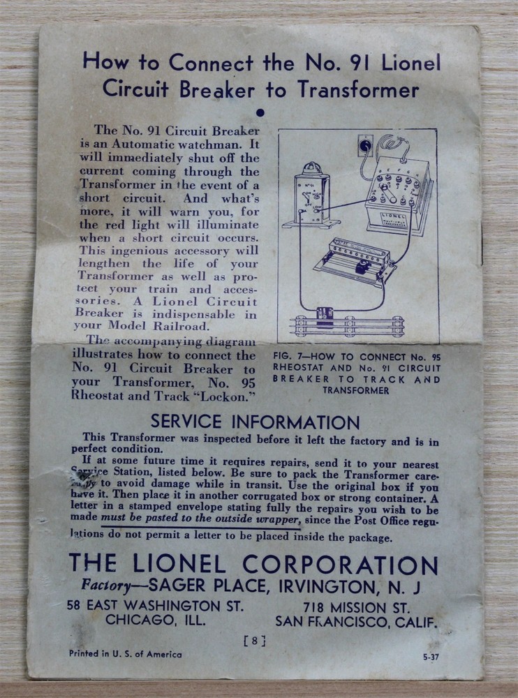 Genuine LIONEL Type "T" Multi-Volt Transformers Instruction Manual/Pamphlet