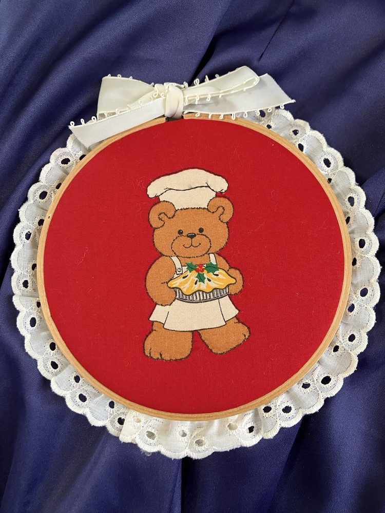 Vintage Teddy Bear Pie Kitsch Wall Decor Handmade Patchwork Needlepoint W/ Lace