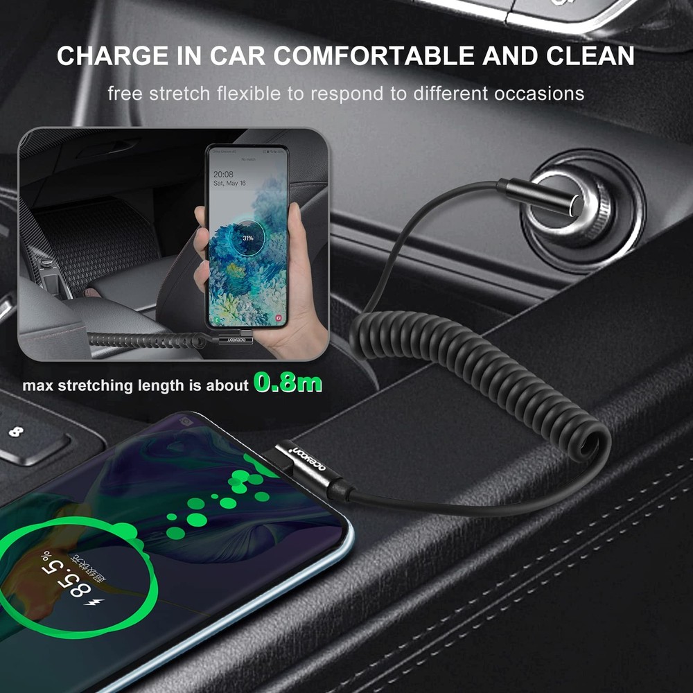 aceyoon USB to C Cable, 90 Degree Right Angled Coiled A C, 1 Pack