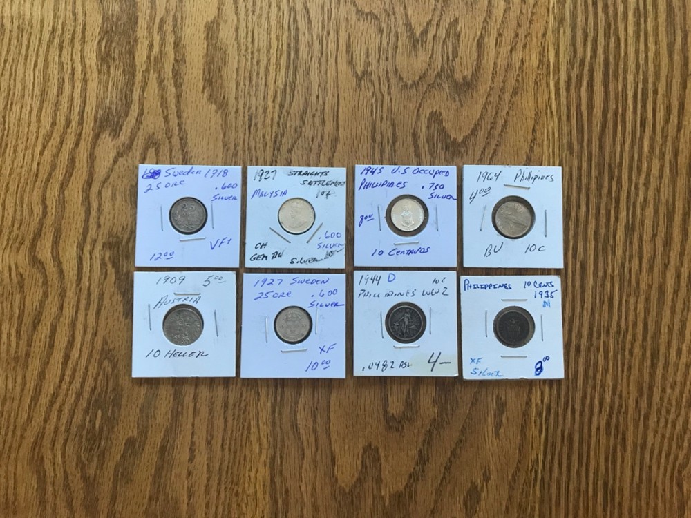 8 Silver Coins- various countries, years, mintmarks, condition and silver purity