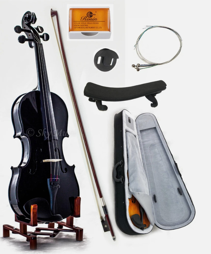 Black 4/4 Size Solid Maple Spruce Student Violin w Extras Beautiful Purfling
