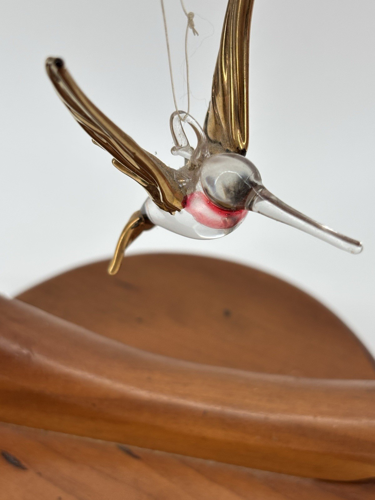 Vtg Wood Crescent Stand With Glass Hummingbird Moon Ornament Display Holder 7"