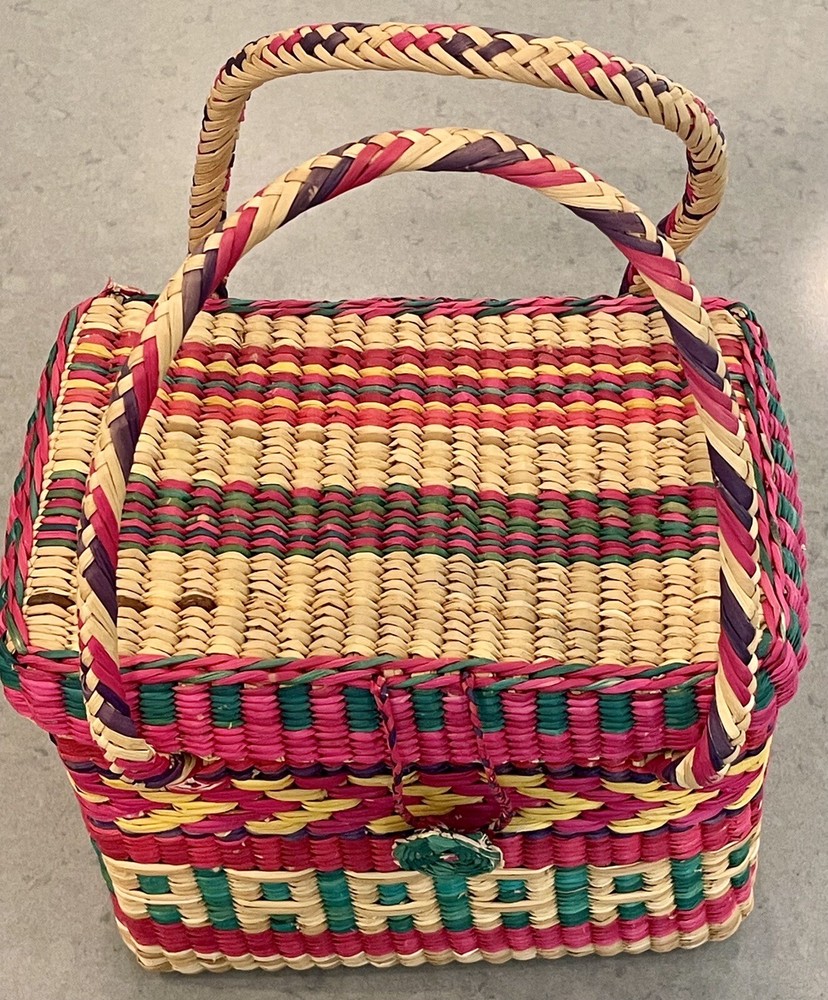 Handmade Woven Multicolor Straw Basket Made In Mexico