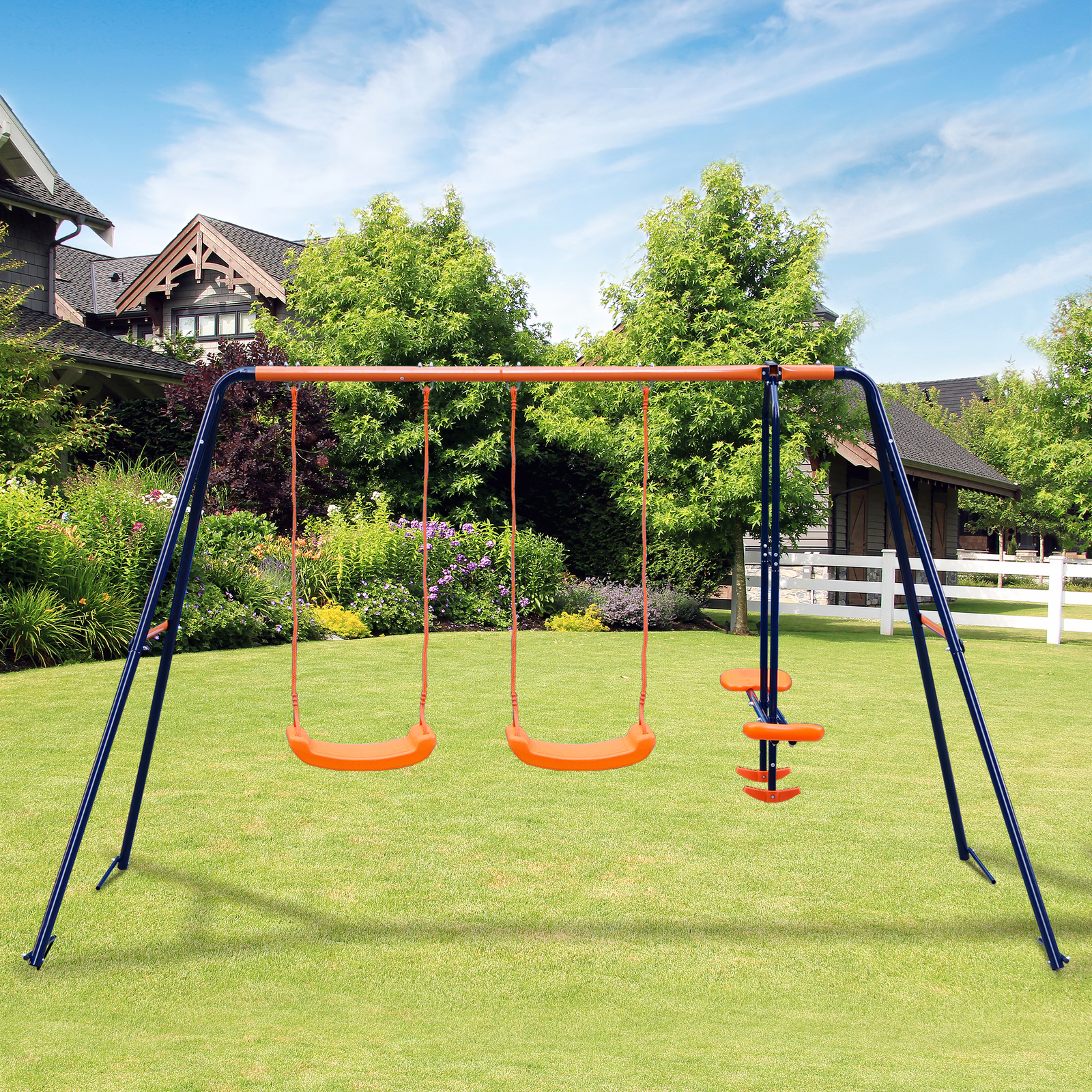 Double Kids Play Swing Set w/ 2 Seats & 1 Glider for Outdoor Backyard Heavy-Duty