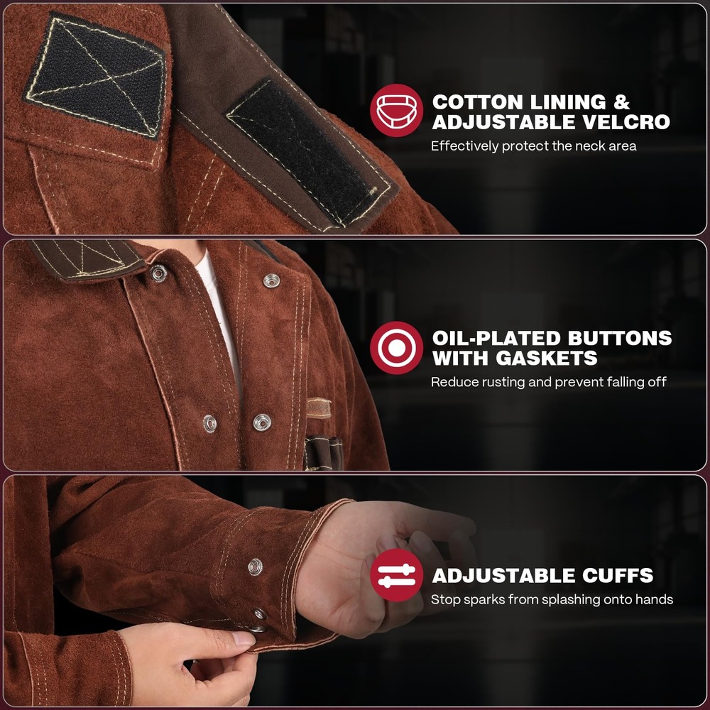 Leather Welding Jacket, Heavy Duty Welder Jackets with Flame Resistant Split ...