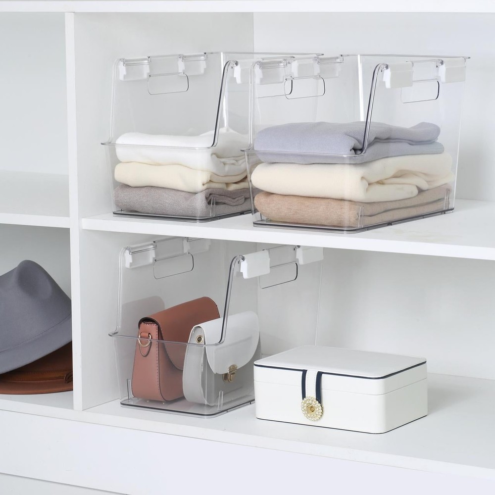 Small Clear Plastic Stackable Bin Closet W/ White Latches