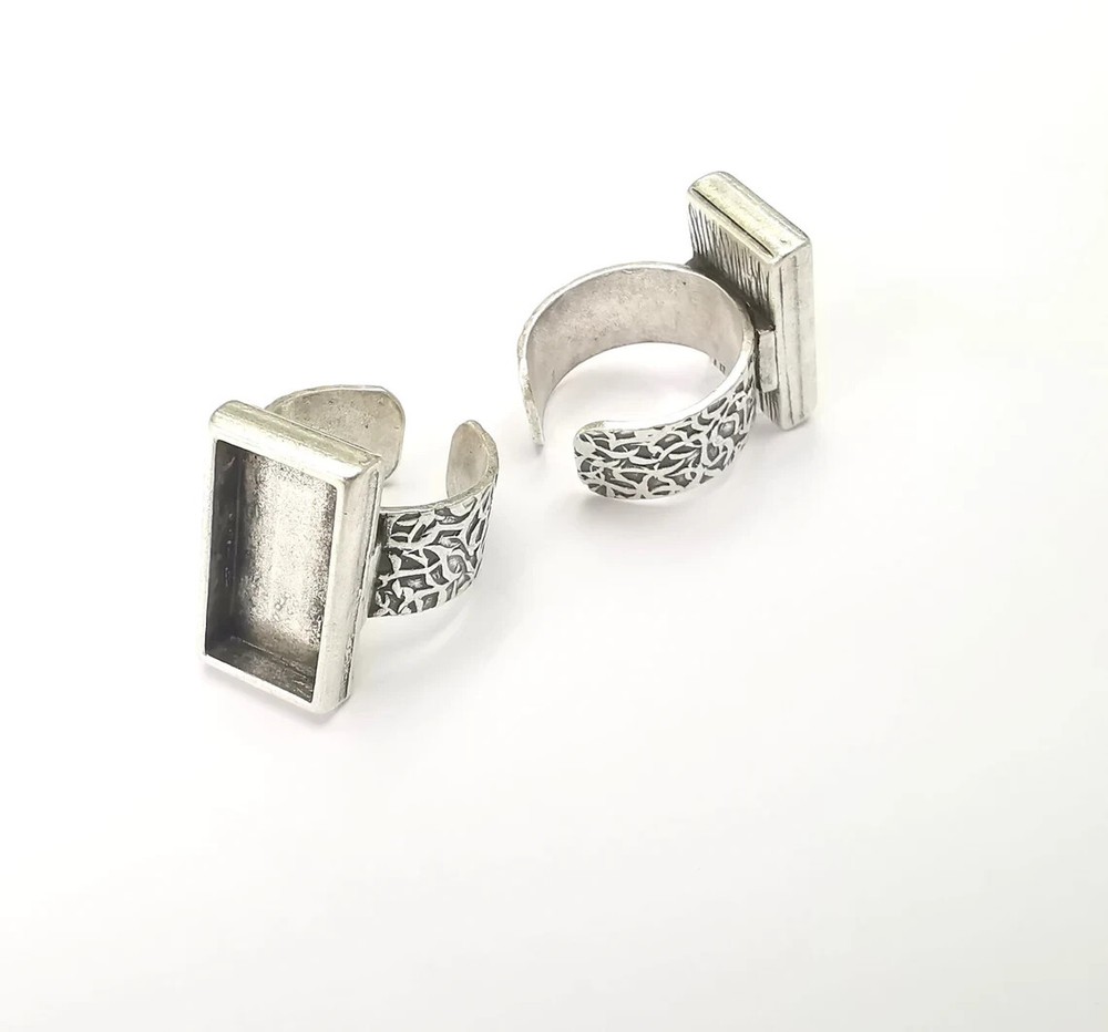 Rectangle Antique Silver Ring Blank Settings, Cabochon Mounting Adjustable Resin