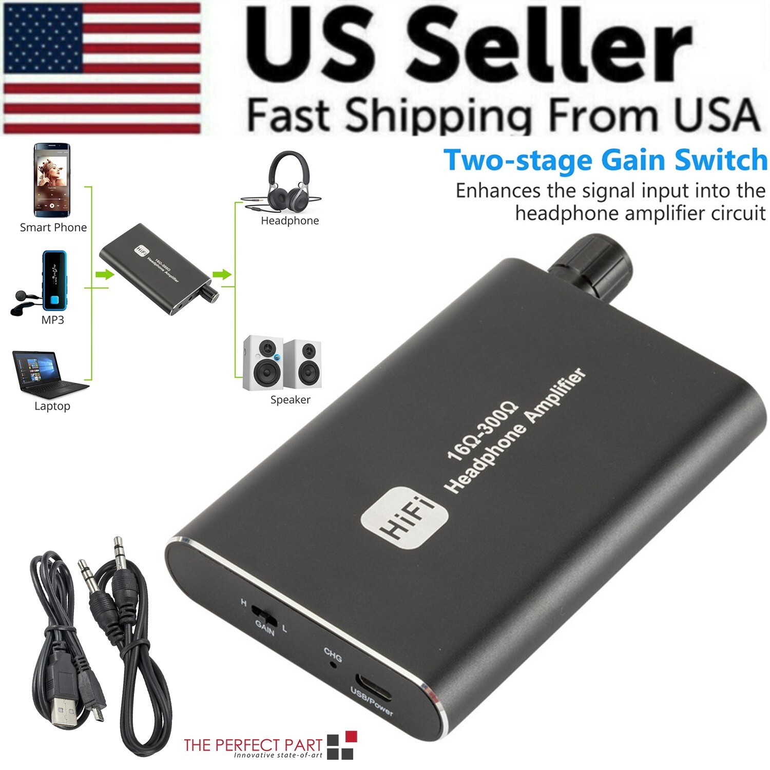 16-300Î© HIFI Headphone Amplifier Portable Earphone AMP 3.5mm w/ Audio USB Cable