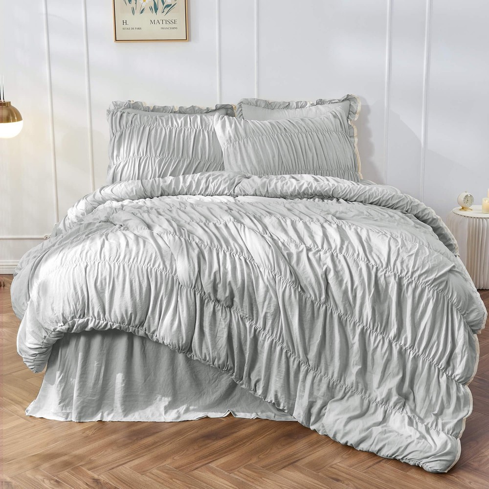 King Size Comforter Set Bedding - Ruched Light Grey Comforter King Bed Set Bo...
