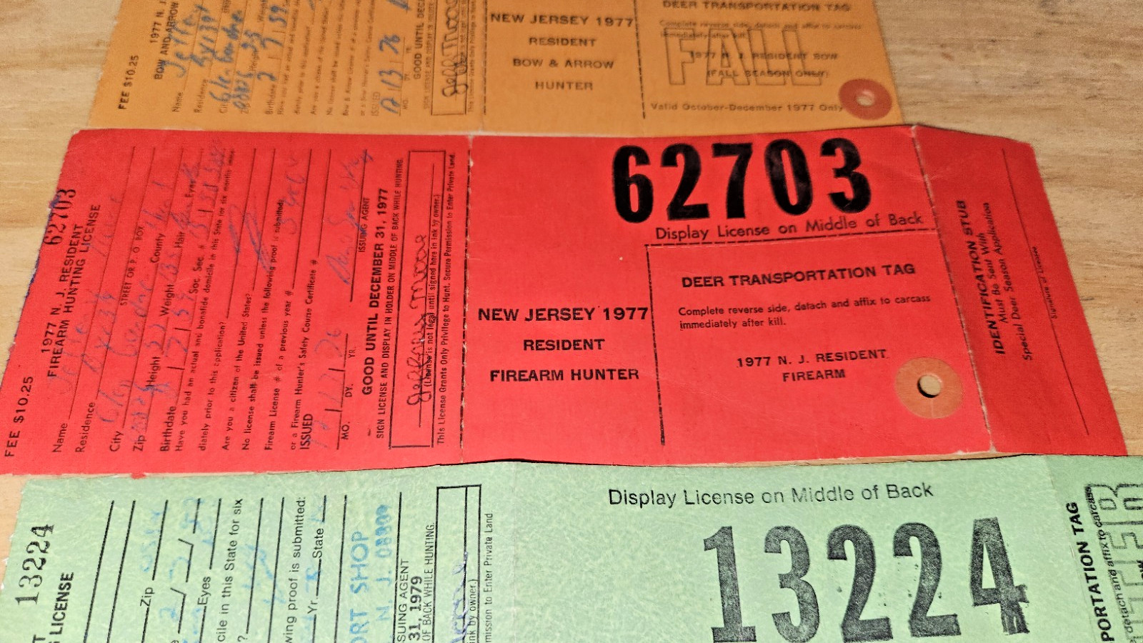 Lot 7 Deer Licenses Tags New Jersey State Big Game Firearm Bow Hunter 1975-1979