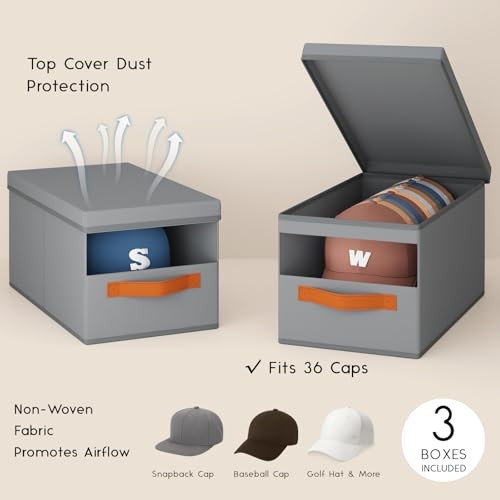Hat Organizer for Baseball Caps - Stackable Foldable Protective 3 Pack Grey