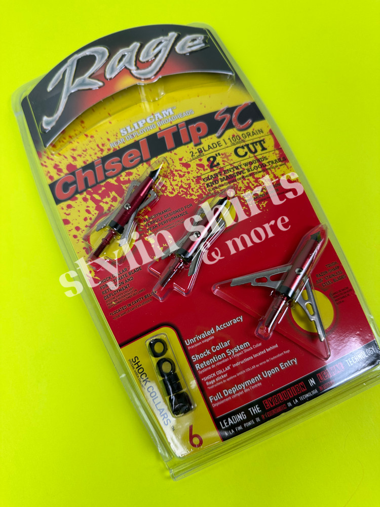 TWO Rage Slipcam CHISEL TIP SC 2"+ cut mechanical 2 blade broadheads 100 grain